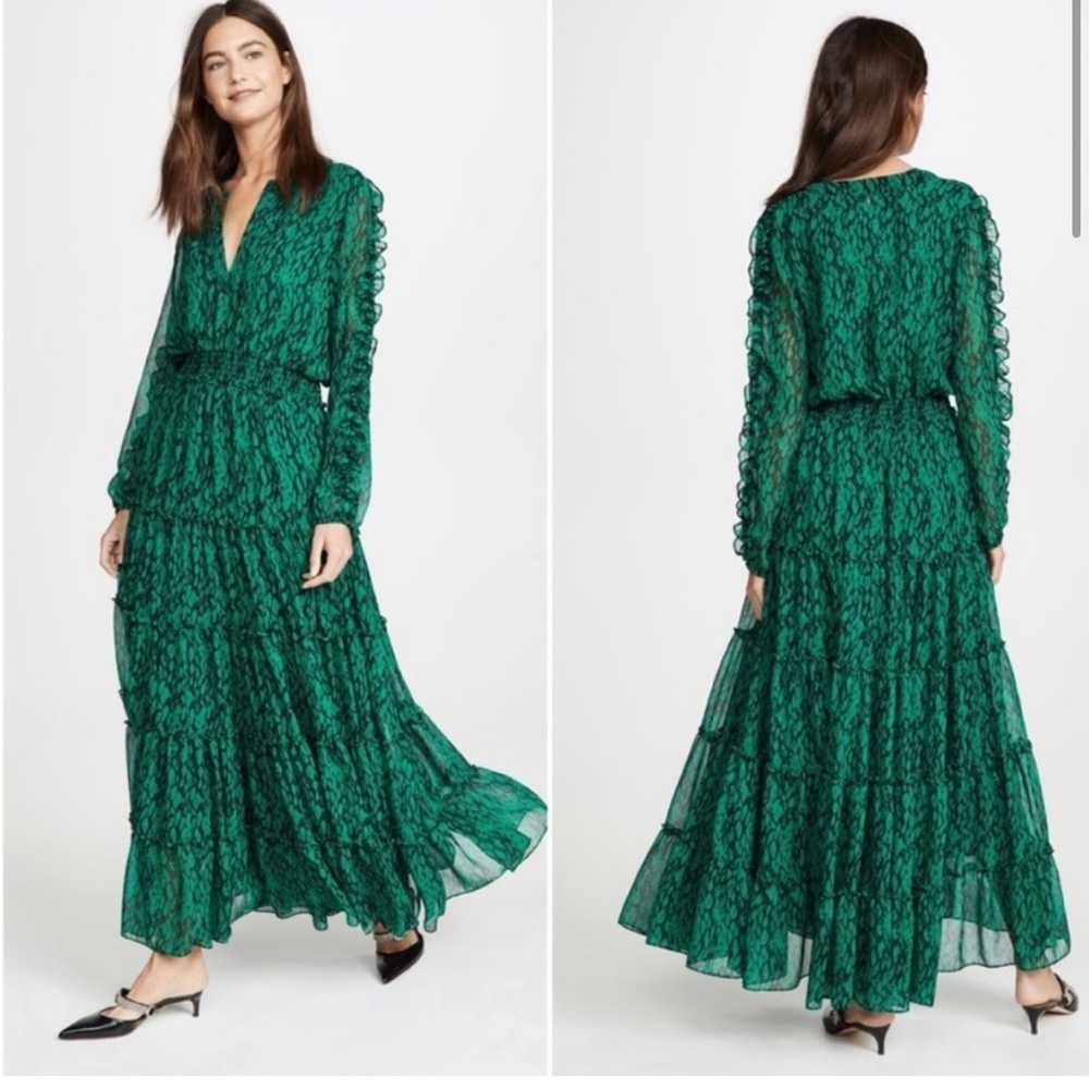 MISA Los Angeles Hadeya Long Sleeve Tiered Maxi Dress in Emerald Green
